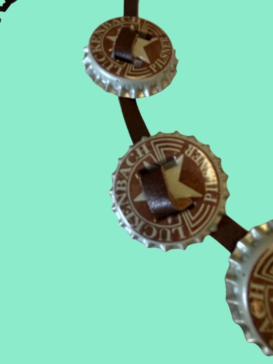 Bottle Cap Headband for hat With Luckenbach Pilsner Caps On Brown Leather